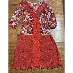 VTG Assorti Susan Freis Dress Womens L  Accordion Pleated Ruffled Red Floral USA